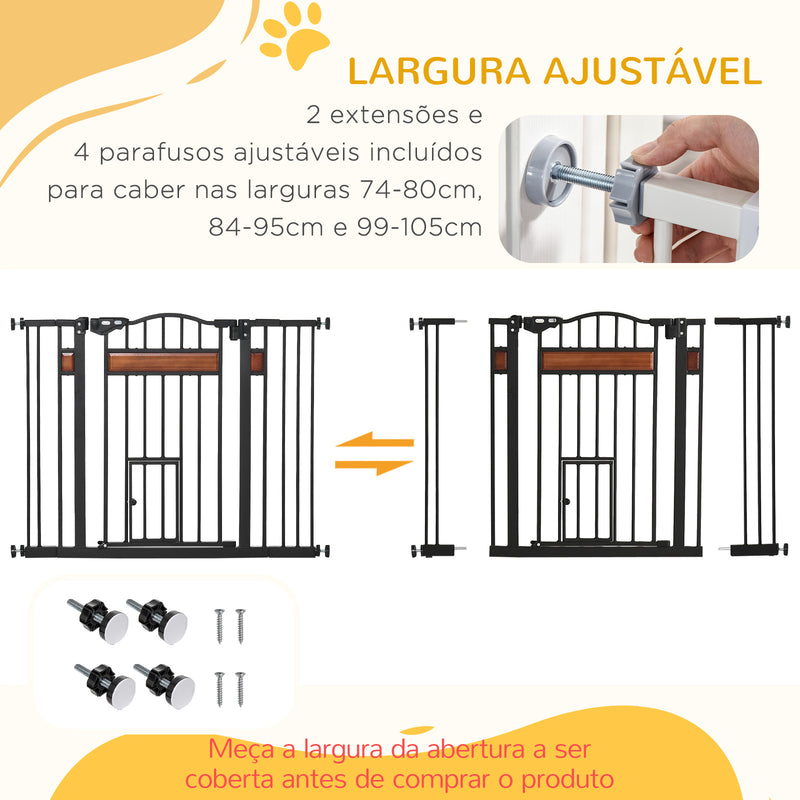 Barreira de Segurança para Cães Extensível para Portas Escadas 74-105cm com 2 Extensões de 10 e 15cm com 2 Portas e Fechadura Automática Aço Preto