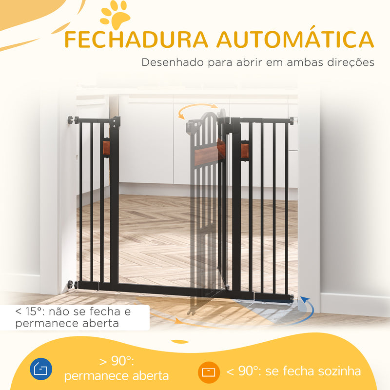 Barreira de Segurança para Cães Extensível para Portas Escadas 74-105cm com 2 Extensões de 10 e 15cm com 2 Portas e Fechadura Automática Aço Preto