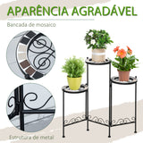 Suporte de Metal para Plantas Dobrável Suporte para Flores com 3 Prateleiras com Bordas de Azulejo para Decoração de Interiores e Exteriores 60x22x65cm Preto