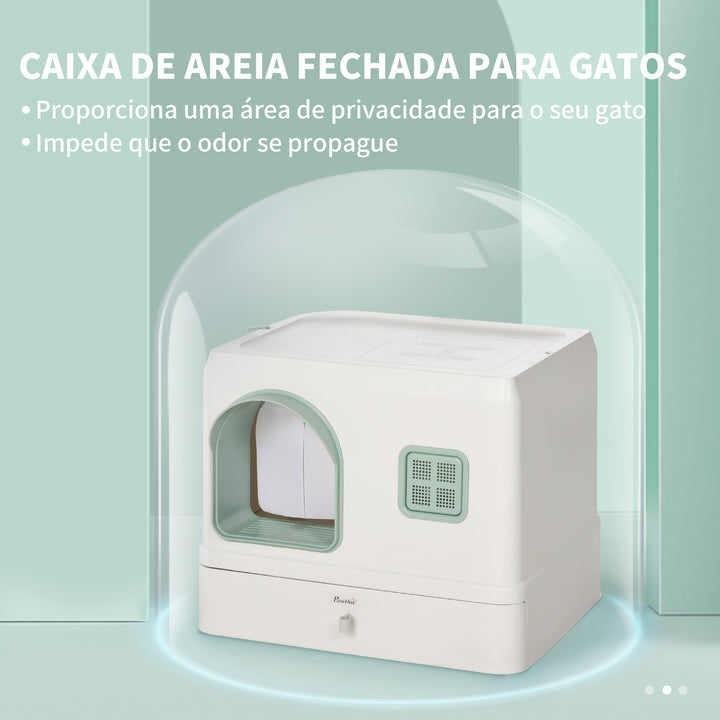 Caixa de Areia Fechada para Gatos Caixa de Areia para Gatos com Bandeja Amovível Entrada com Cortina Pá e Filtro Desodorizante 50x40x40 cm Branco