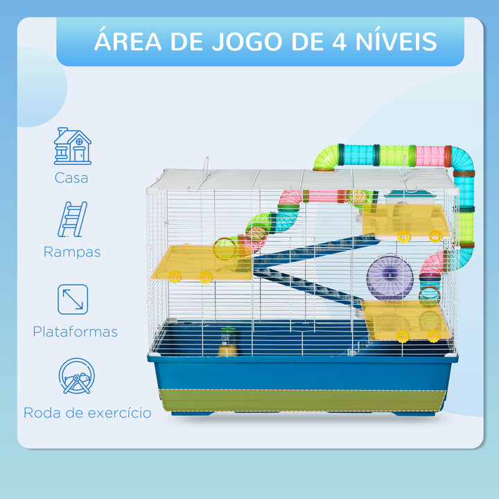 Gaiola para Hámster 79x46x60cm Gaiola para Roedores com 3 Plataformas Tubos Comedouro Bebedouro 3 Rampa Roda de Exercícios e 2 Alça Portáteis Multicor