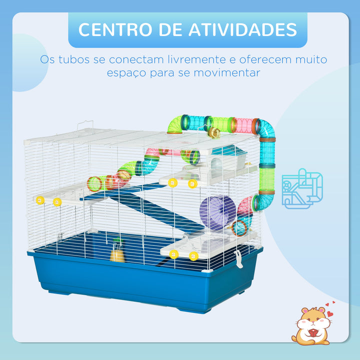 Gaiola para Hámster 79x46x60cm Gaiola para Roedores com 3 Plataformas Tubos Comedouro Bebedouro 3 Rampa Roda de Exercícios e 2 Alça Portáteis Multicor