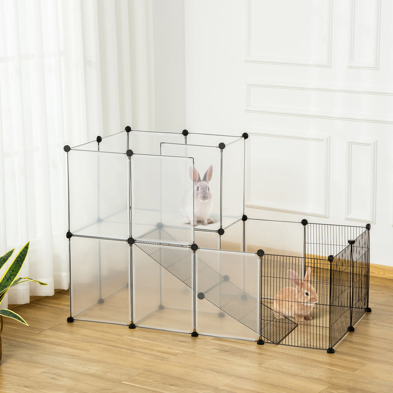 Recinto para Animais de Estimação Pequenos DIY com 21 Painéis de Resina e 6 Painéis de Arame Gaiola Modular de Plástico para Hamsters Cobaias Coelhos 140x70x90cm Transparente e Preto