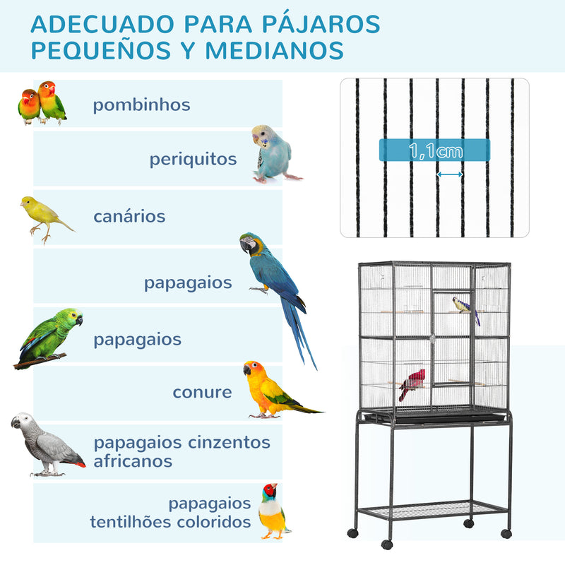 Gaiola para Pássaros com Rodas 81x48x162,5 cm Gaiola de Metal com Bandeja 4 Poleiros 4 Comedouros e Prateleira de Armazenamento para Canários Periquitos Preto e Cinza