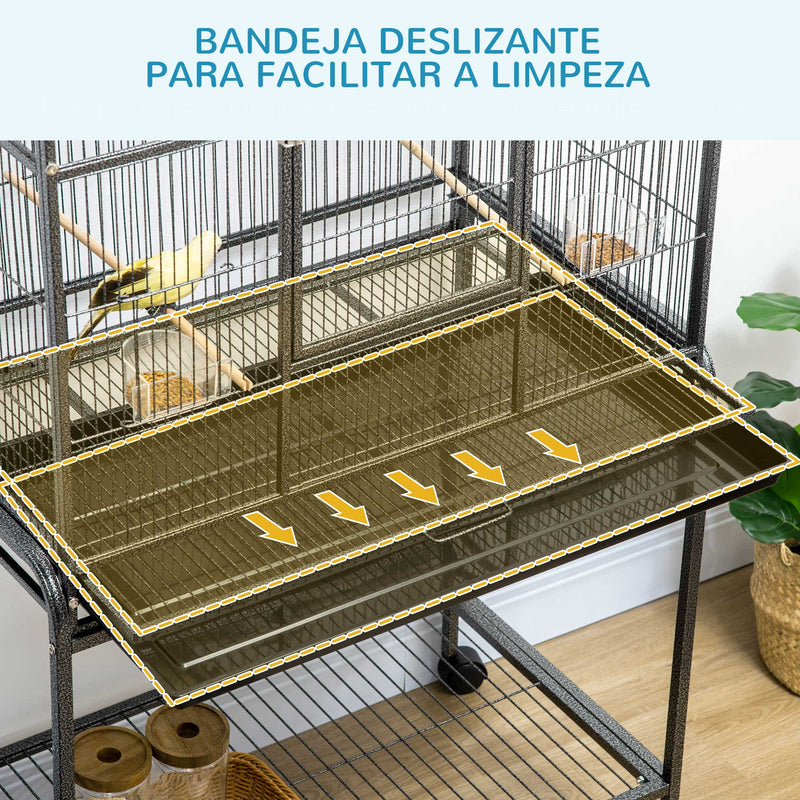 Gaiola para Pássaros com Rodas 81x48x162,5 cm Gaiola de Metal com Bandeja 4 Poleiros 4 Comedouros e Prateleira de Armazenamento para Canários Periquitos Preto e Cinza