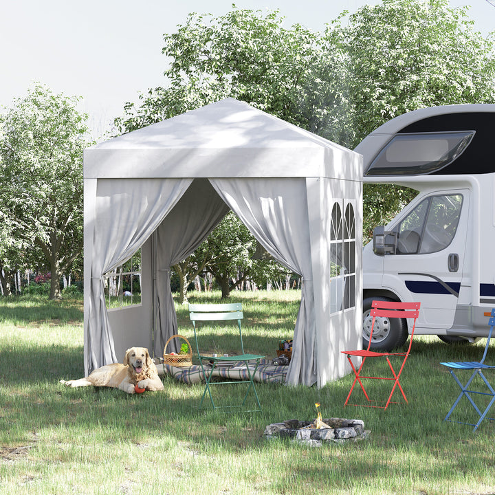 Tenda Dobrável 2x2 Tenda de Jardim com 4 Paredes Laterais Tecido Oxford 2 Portas 2 Janelas e Bolsa de Transporte para Exterior Terraço Campismo Festas Branco