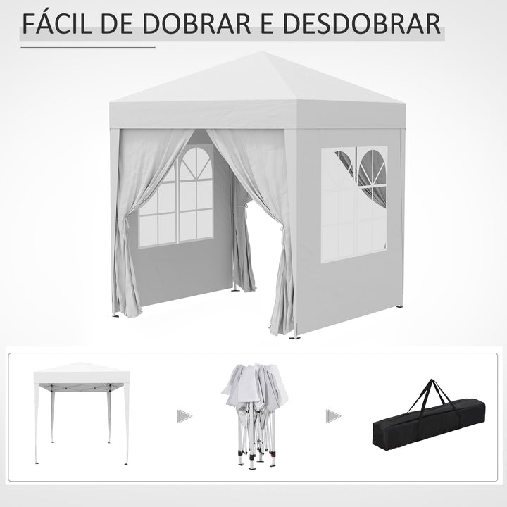 Tenda Dobrável 2x2 Tenda de Jardim com 4 Paredes Laterais Tecido Oxford 2 Portas 2 Janelas e Bolsa de Transporte para Exterior Terraço Campismo Festas Branco