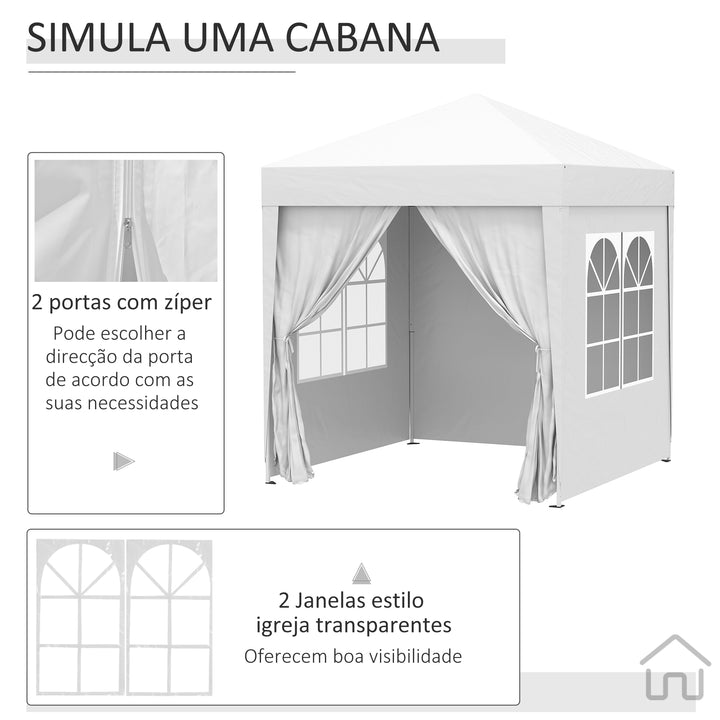 Tenda Dobrável 2x2 Tenda de Jardim com 4 Paredes Laterais Tecido Oxford 2 Portas 2 Janelas e Bolsa de Transporte para Exterior Terraço Campismo Festas Branco