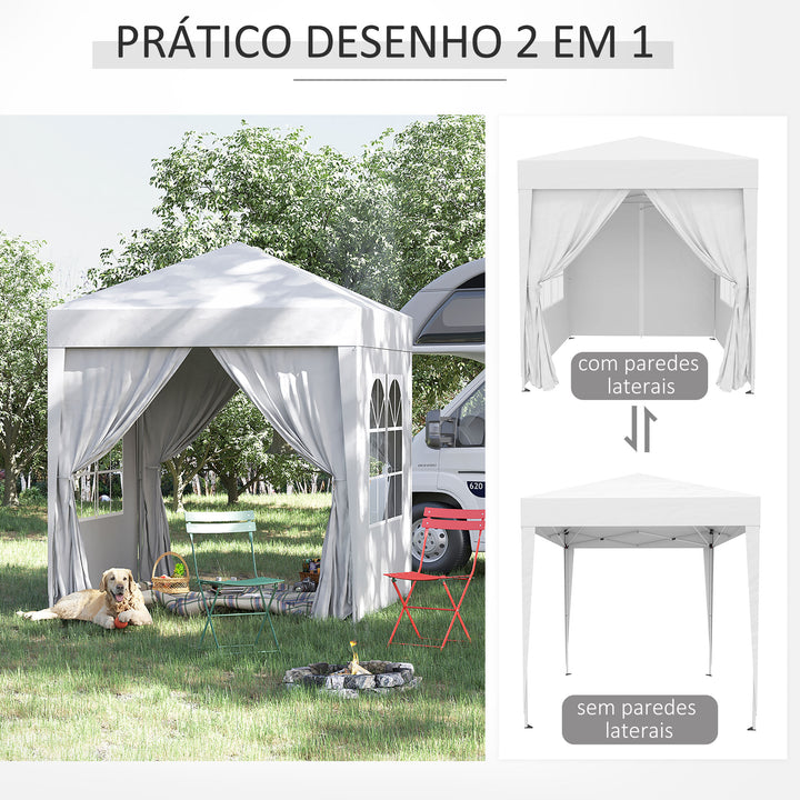 Tenda Dobrável 2x2 Tenda de Jardim com 4 Paredes Laterais Tecido Oxford 2 Portas 2 Janelas e Bolsa de Transporte para Exterior Terraço Campismo Festas Branco