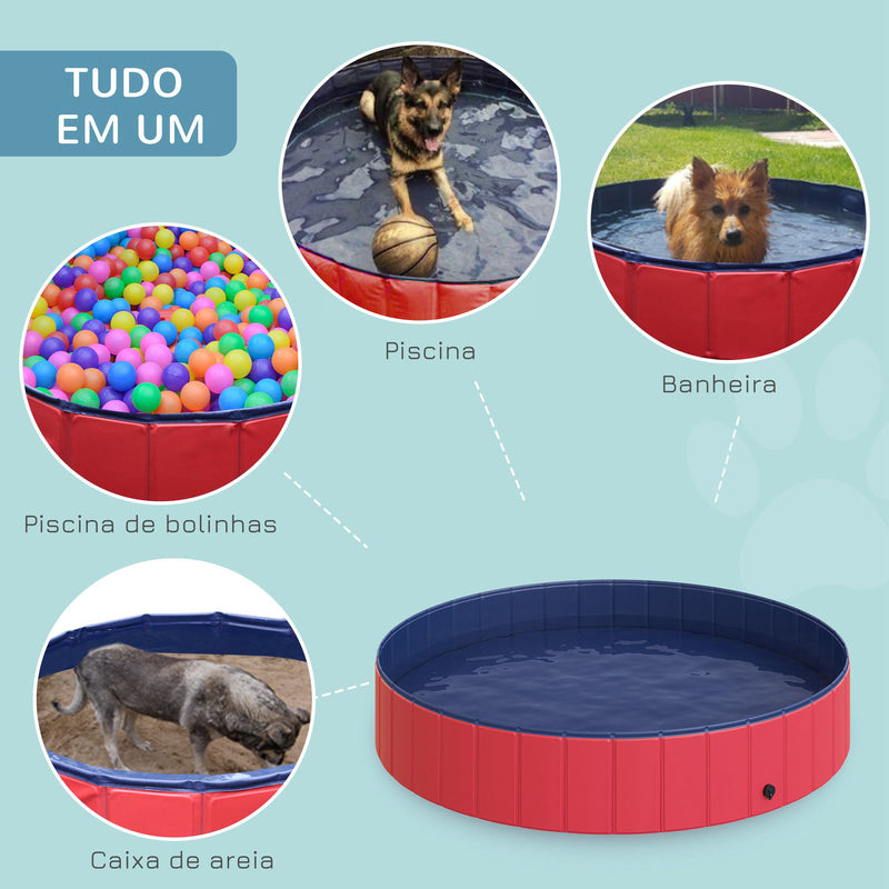 Piscina Dobrável para Cães Gatos Banheira Portátil para Animais de Estimação PVC Antiderrapante Múltiplo Uso para Interior e Exterior Ø160x30 cm Vermelho