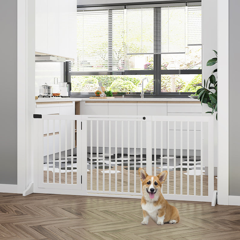 Barreira de Segurança Extensível para Cães Grade de Proteção para Escadas e Portas 113-166cm 3 Peças com Estrutura de Madeira e Suporte de Pé 113-166x36x71cm Branco