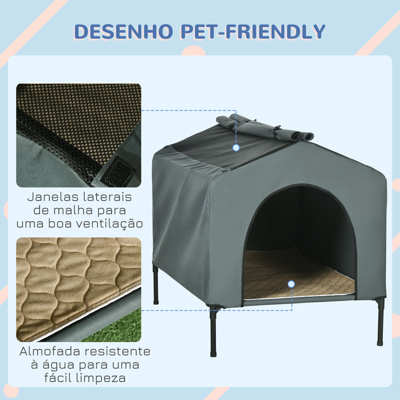 Casa para Cães com Cobertura Exterior 110x75x87 cm Cama Elevada para Animais de Estimação com Almofada e Janelas de Malha para Cães Grandes Cinza