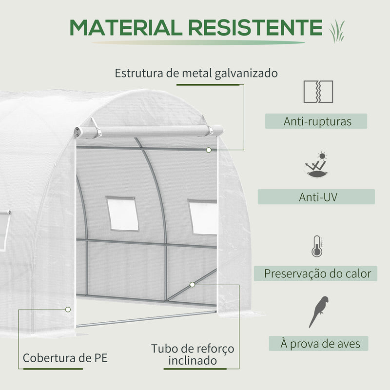 Estufa de Túnel 600x300x200cm com Porta Enrolável 12 Janelas Cobertura de PE 140g/m² e Metal Galvanizado para Cultivos de Plantas Verduras Branco