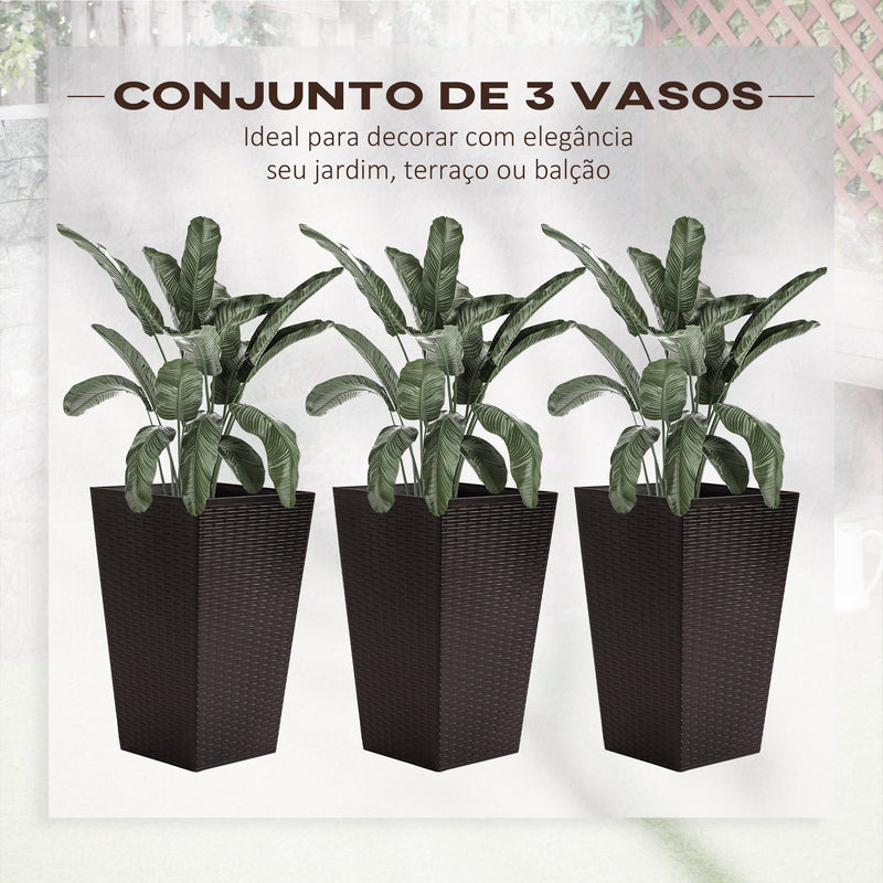 Conjunto de 3 Vasos Quadrados para Plantas Flores 3 Vasos com Imitação de Vime para Jardim Terraço Interior e Exterior 36,5x36,5x61cm Marrom