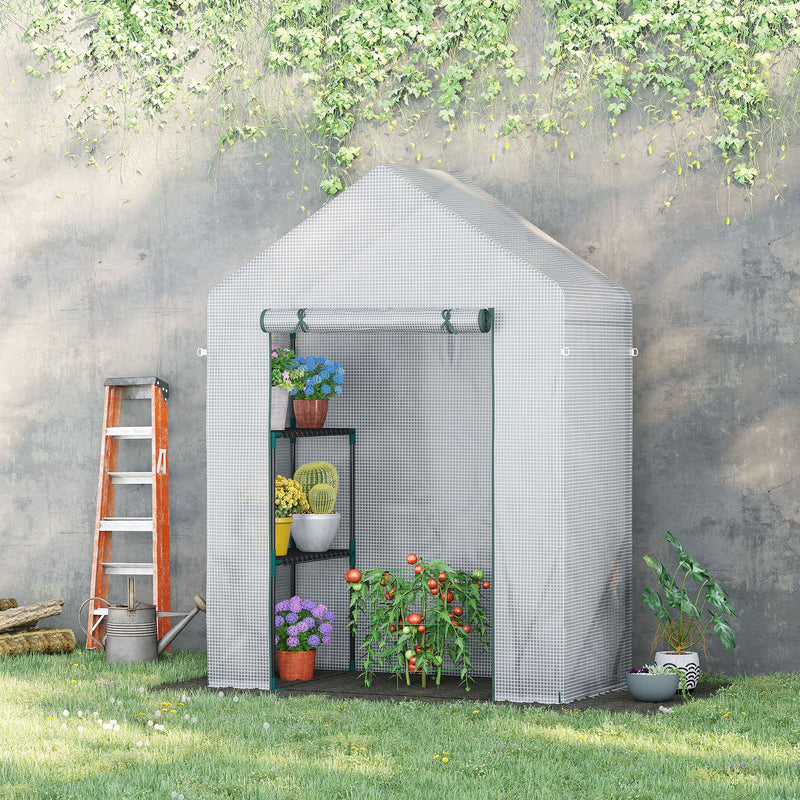 Estufa de Jardim 143x73x195cm Estufa de Aço com 2 Prateleiras e Porta Enrolável para Cultivos de Plantas Vasos de Flores Pátio Exterior Branco