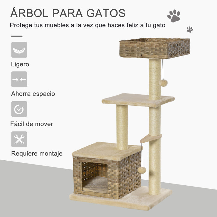 Árvore arranhador para gatos com plataformas, caverna, camas, bolas de jogo e postes de sisal 60x40x109 cm bege e marrom