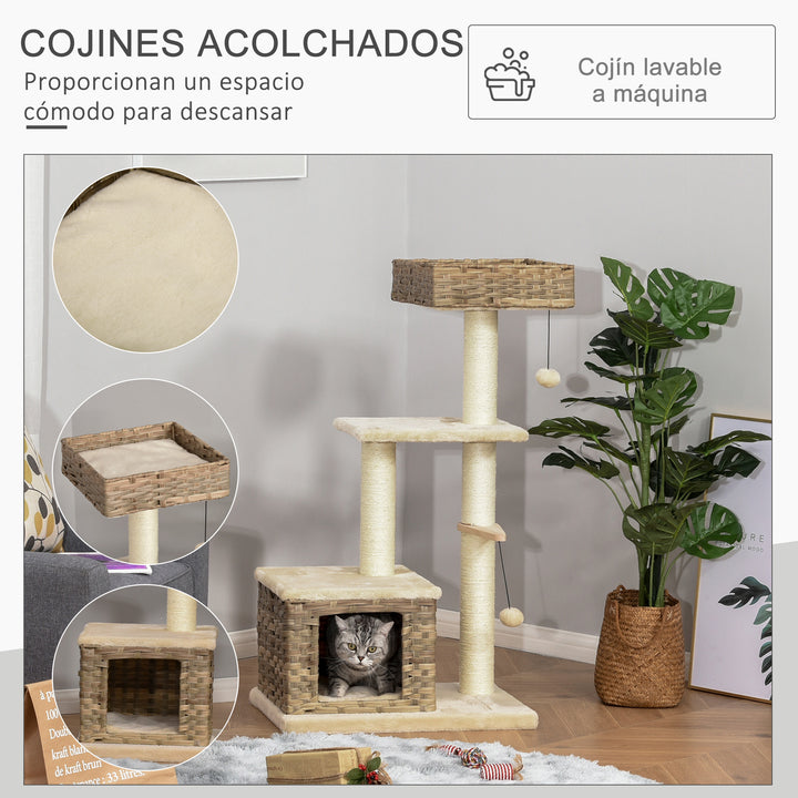 Árvore arranhador para gatos com plataformas, caverna, camas, bolas de jogo e postes de sisal 60x40x109 cm bege e marrom