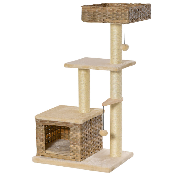 Árvore arranhador para gatos com plataformas, caverna, camas, bolas de jogo e postes de sisal 60x40x109 cm bege e marrom