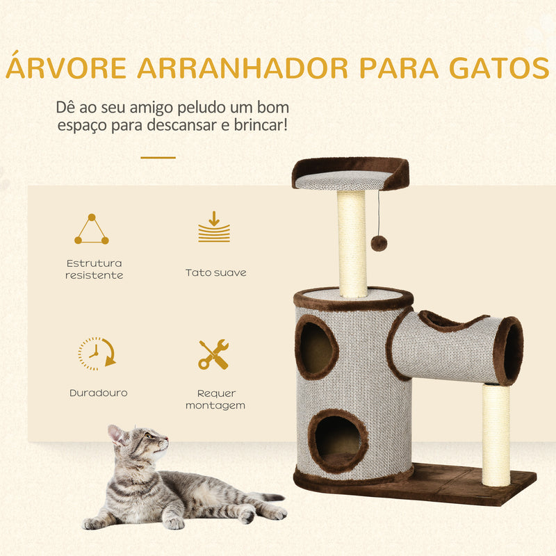 Árvore Arranhador para Gatos Médios Altura 104cm Torre de Escalada para Gatos com Barril Arranhador Plataforma Superior Túnel Poste de Sisal e Bola Suspensa 75x39x104cm Marrom