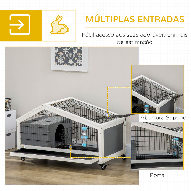 Coelheira de Madeira com Rodas 90x53x55 cm Gaiola para Coelhos com Bandeja Amovível e Bebedouro Casa para Animais Pequenos Cinza Escuro