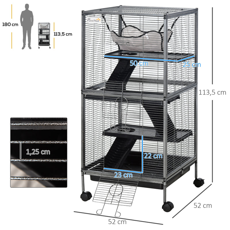 Gaiola para Roedores 52x52x113,5cm Gaiola para Furões com Rodas 2 Portas 3 Rampas Rede Suspensa e Bandeja Removível para Cobias Hamsters Cinza Prata