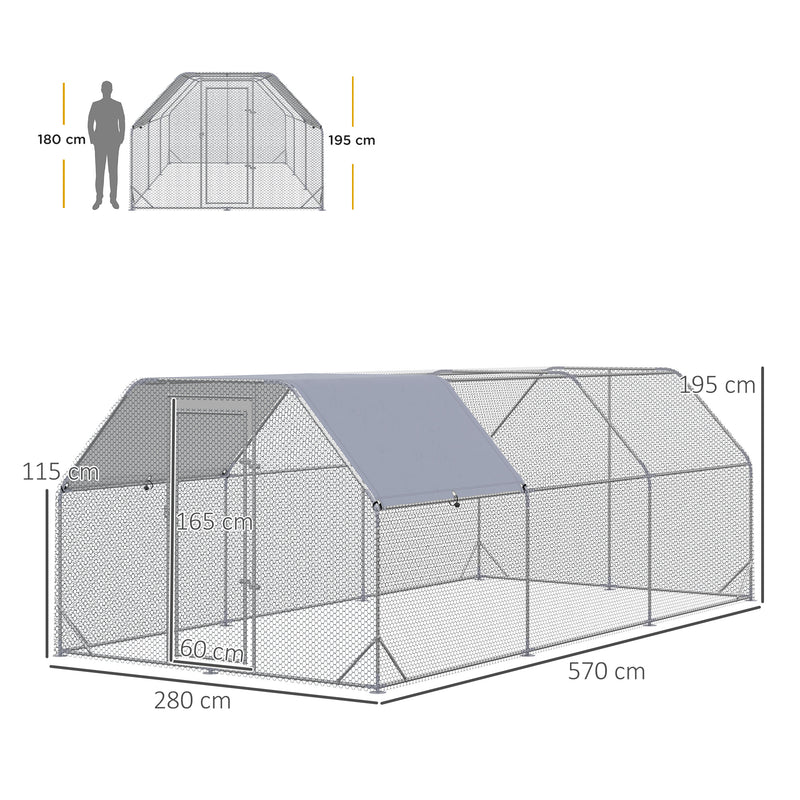 Galinheiro para Exterior Grande de Aço Galvanizado 280x570x195 cm Gaiola para Galinhas com Cobertura de Tecido Oxford Resistente aos Raios UV e Impermeável para Exterior Prata