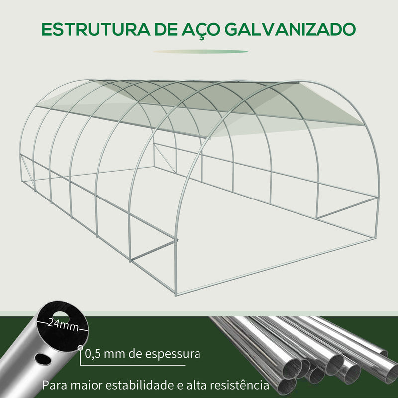 Estufa de Túnel 600x300x200cm com Porta Enrolável 12 Janelas Cobertura de PE 140g/m² e Metal Galvanizado para Cultivos de Plantas Verduras Branco