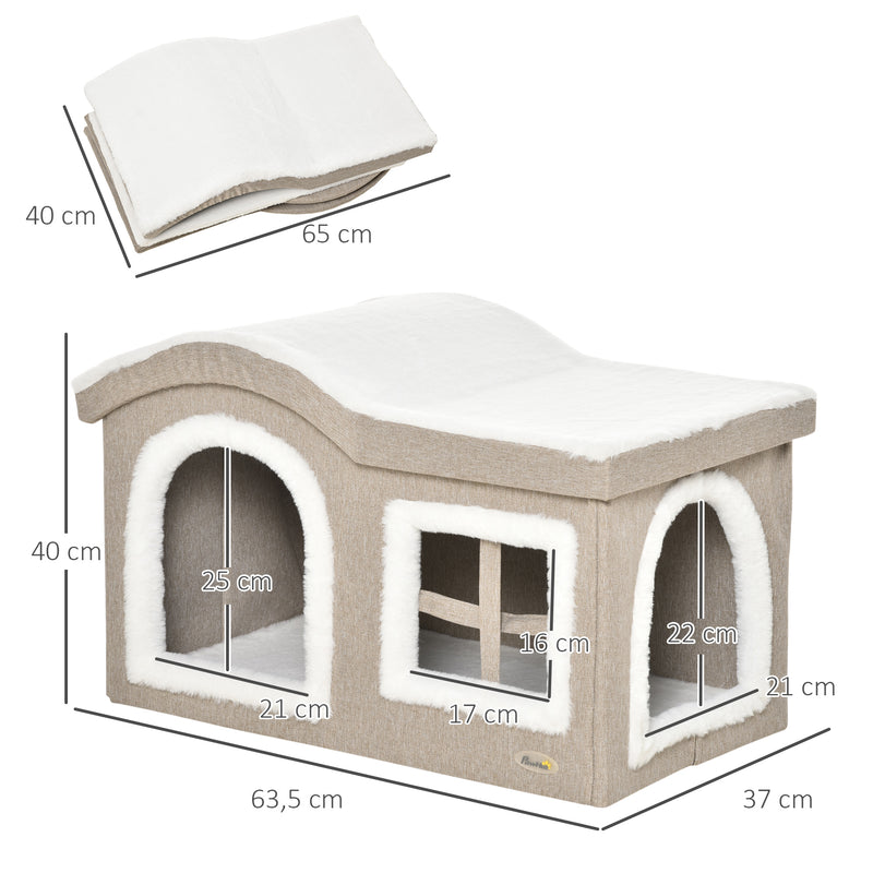 Casa Dobrável para Gatos Caverna para Gatos Grande com Tampa Removível Almofadas 2 Entradas e Janela 63,5x37x40cm Bege