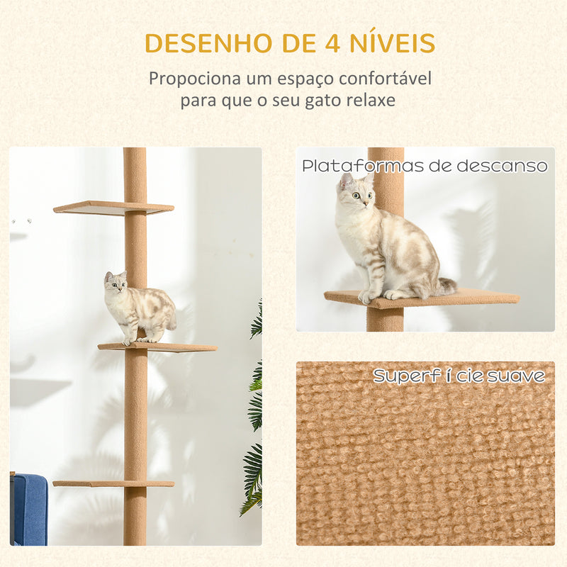 Arranhador para Gatos de Chão ao Teto 43x27x228-260 cm Torre para Gatos com Altura Ajustável 4 Plataformas e Poste de Sisal Marrom Claro