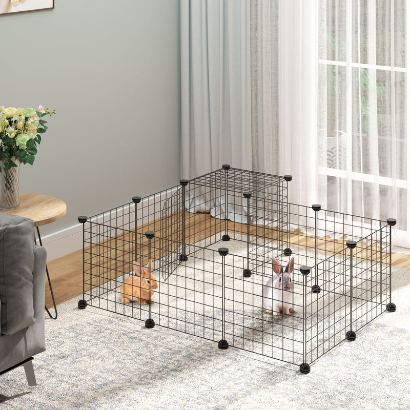 Cerca para Pequenos Animais DIY com 24 Painéis Parque para Animais de Estimação com Grade Metálica Gaiola Modular para Coelhos Chinchilas 105x105x70cm Preto