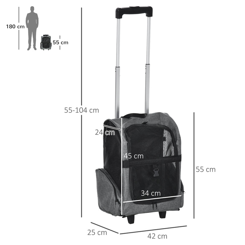 Transportadora Carrinho para Animais de Estimação 2 em 1 Mochila de Viagem com 2 Rodas para Cães Gatos com Alça Retrátil de Alumínio e Bolso de Armazenamento 42x25x55cm Cinza