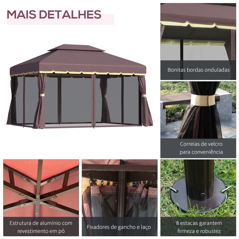 Pérgola de Jardim 4x3m Pérgola de Alumínio com Teto de Ventilação 4 Cortinas Laterais Tela Mosquiteira e 8 Orifícios de Drenagem para Exterior Pátio Festas Marrom