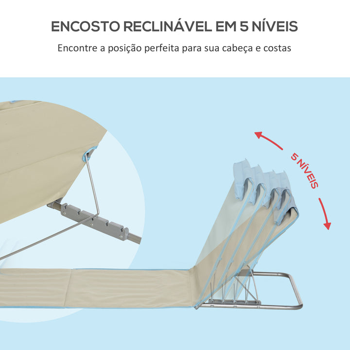 Conjunto de 2 Esteiras de Praia Dobráveis 124x53x50cm com Encosto Ajustável e Apoio para a Cabeça Esteira de Praia Tecido Oxford Aço com Bolsa de Transporte Bege e Azul