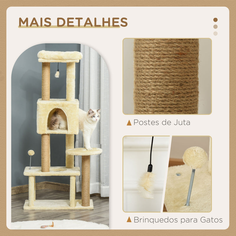 Árvore Arranhador para Gatos Centro de Atividades com Plataformas Cavernas de Felpa Suave Postes para Arranhar de Juta Bola Brinquedo Suspenso 60x34x136cm Bege