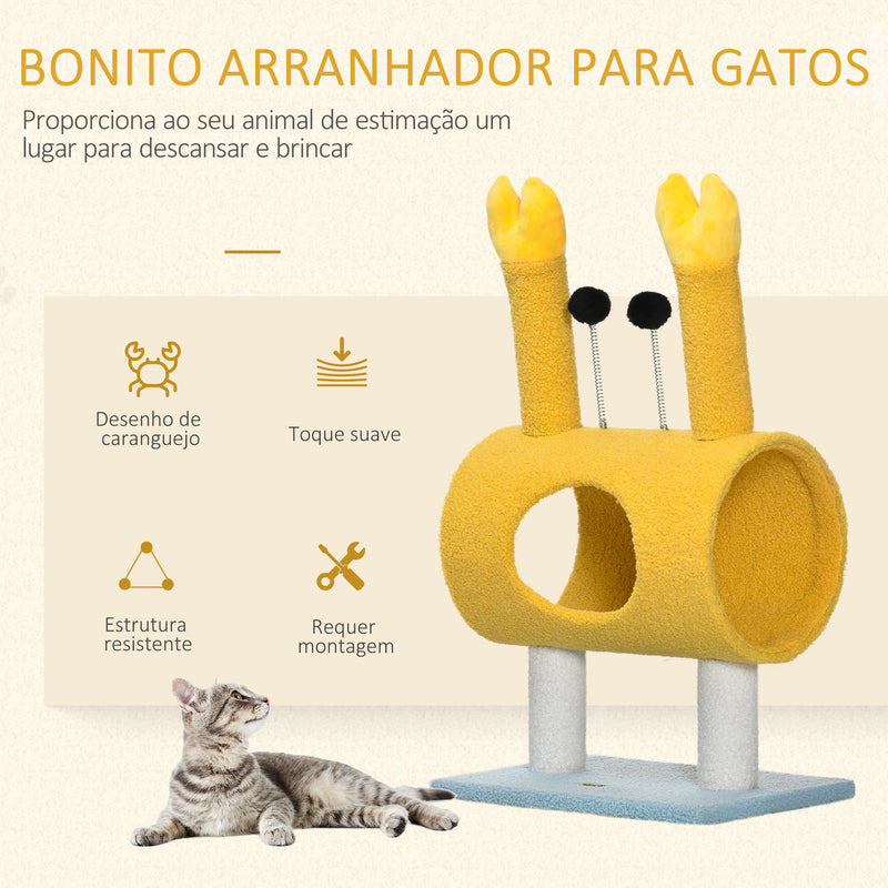 Árvore Arranhador para Gatos Altura 72cm Postes com Forma de Caranguejo Torre para Gatos com Orifício e Bolas Divertidas 40x29x72cm Amarelo