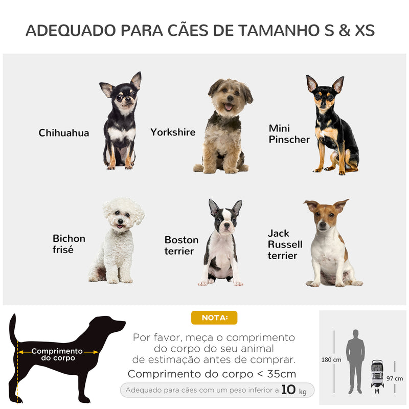 Carrinho Dobrável Animais de Estimação 75x45x97 cm Cão Gato Carrinho Rodas Giram 360º Cinzento