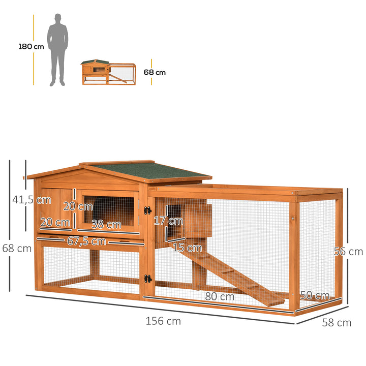 Coelheira de Madeira Exterior Gaiola para Coelhos de 2 Níveis com Teto Asfáltico 2 Áreas Cercadas Bandeja Removível 2 Portas Janela e Rampa 157,4x53x93,5cm Madeira Natural