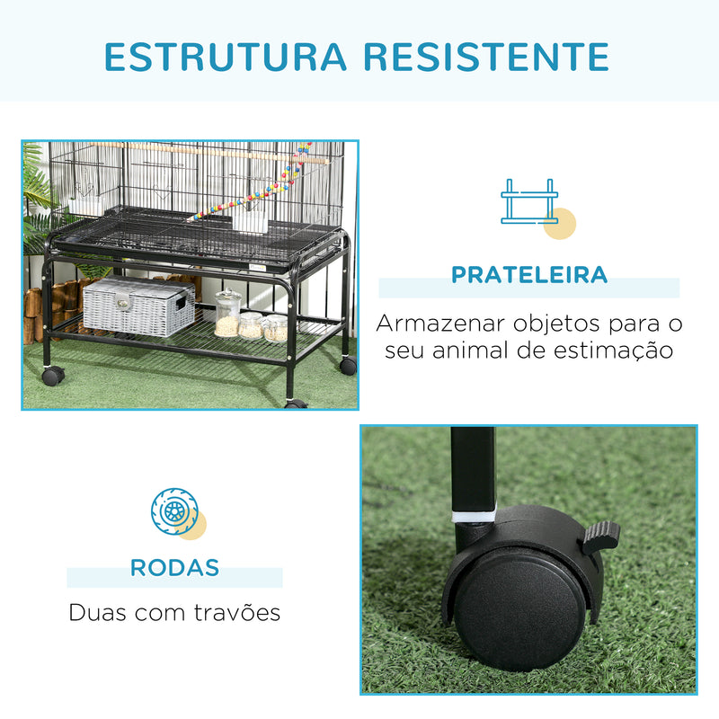 Gaiola para Pássaros com Rodas 79x49x133 cm Gaiola Metálica Grande com Suporte 4 Comedouros 3 Poleiros Brinquedos Bandeja Amovível e Prateleira para Canários Periquitos Preto