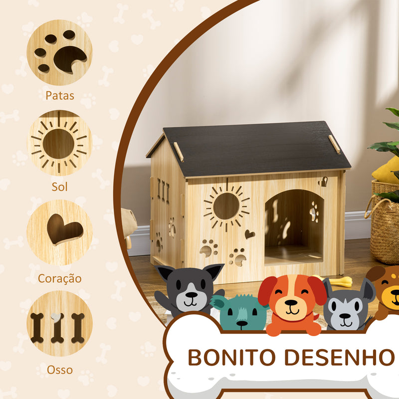 Casa de Madeira para Cães Pequenos Casa para Animais de Estimação com Porta Dianteira Desenhos em Forma de Sol Coração Pata 69x50x58,5cm Madeira e Preto