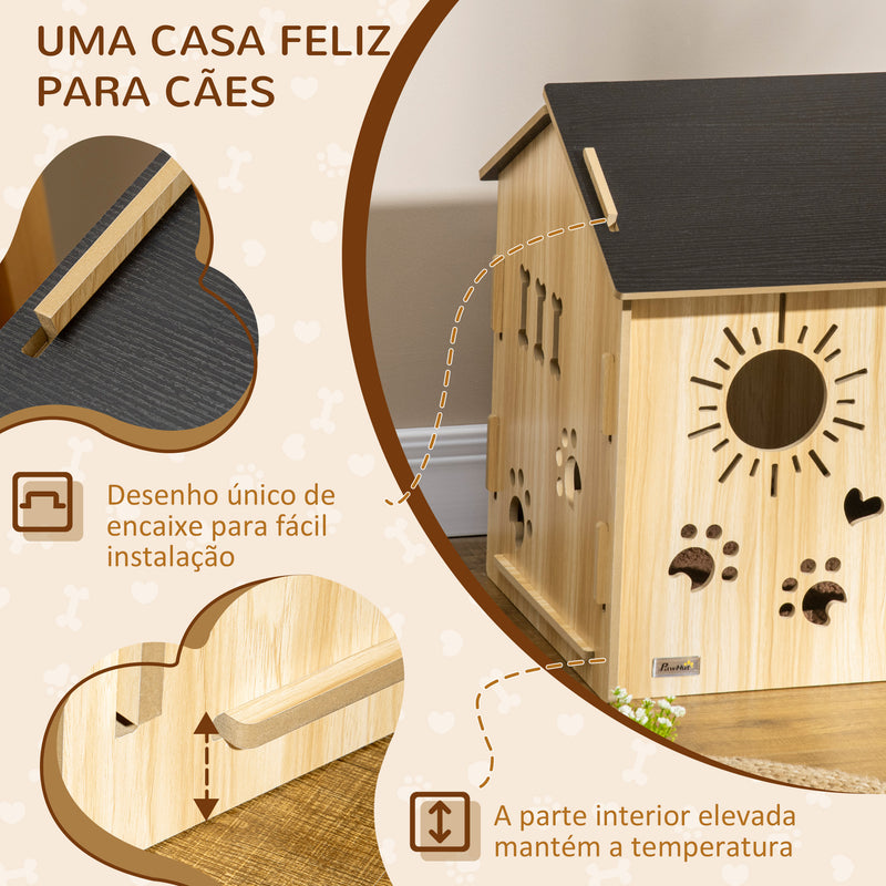 Casa de Madeira para Cães Pequenos Casa para Animais de Estimação com Porta Dianteira Desenhos em Forma de Sol Coração Pata 69x50x58,5cm Madeira e Preto