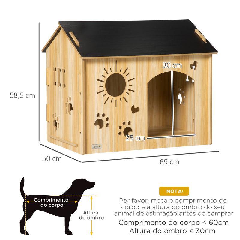 Casa de Madeira para Cães Pequenos Casa para Animais de Estimação com Porta Dianteira Desenhos em Forma de Sol Coração Pata 69x50x58,5cm Madeira e Preto