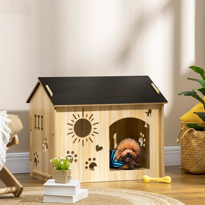 Casa de Madeira para Cães Pequenos Casa para Animais de Estimação com Porta Dianteira Desenhos em Forma de Sol Coração Pata 69x50x58,5cm Madeira e Preto