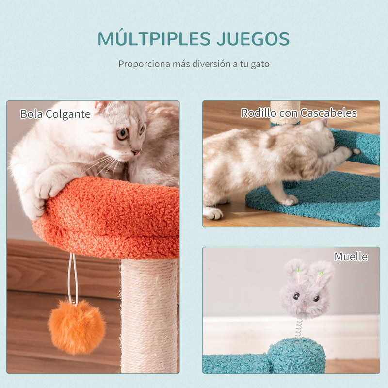 Árvore para Gatos Pequenos com Cama Removível Rolo com Sinos Poste Arranhador de Sisal Bola Suspensa e Brinquedo 37x25x45cm Azul e Laranja