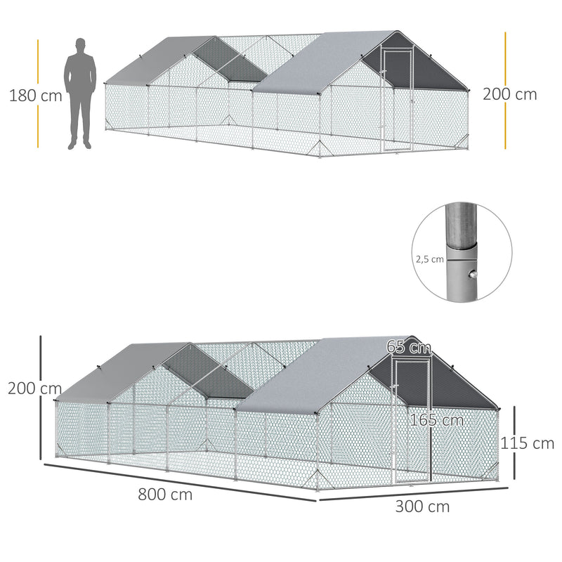 Galinheiro de Exterior Grande 3x8x2m Gaiola para 16-24 Galinhas de Aço Galvanizado com Teto de PE e Fechadura para Coelhos Prata