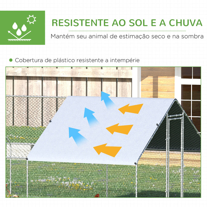 Galinheiro de Exterior Grande 3x8x2m Gaiola para 16-24 Galinhas de Aço Galvanizado com Teto de PE e Fechadura para Coelhos Prata