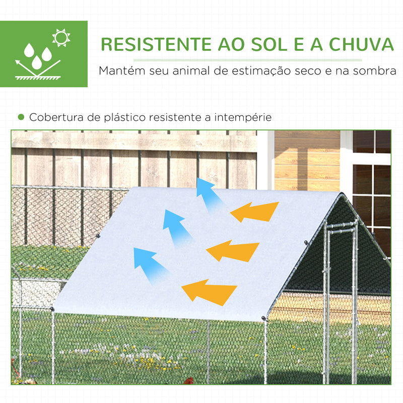 Galinheiro de Exterior Grande 3x8x2m Gaiola para 16-24 Galinhas de Aço Galvanizado com Teto de PE e Fechadura para Coelhos Prata