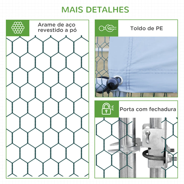 Galinheiro de Exterior Grande 3x8x2m Gaiola para 16-24 Galinhas de Aço Galvanizado com Teto de PE e Fechadura para Coelhos Prata