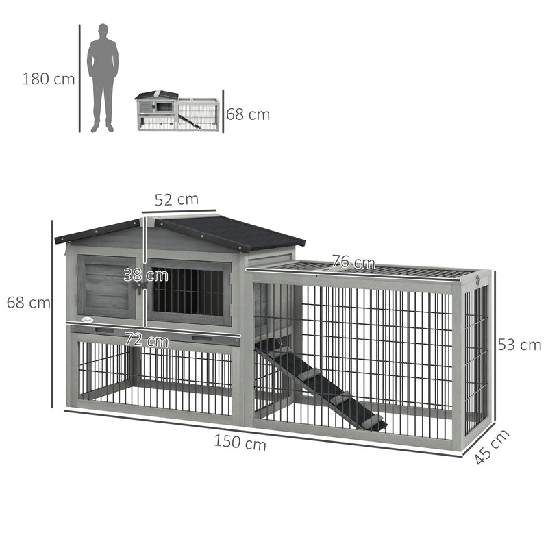 Coelheira Exterior de Madeira 150x52x68 cm Gaiola para 1-2 Coelhos com Teto Asfáltico Abatível Bandeja Amovível e Rampa Cinza