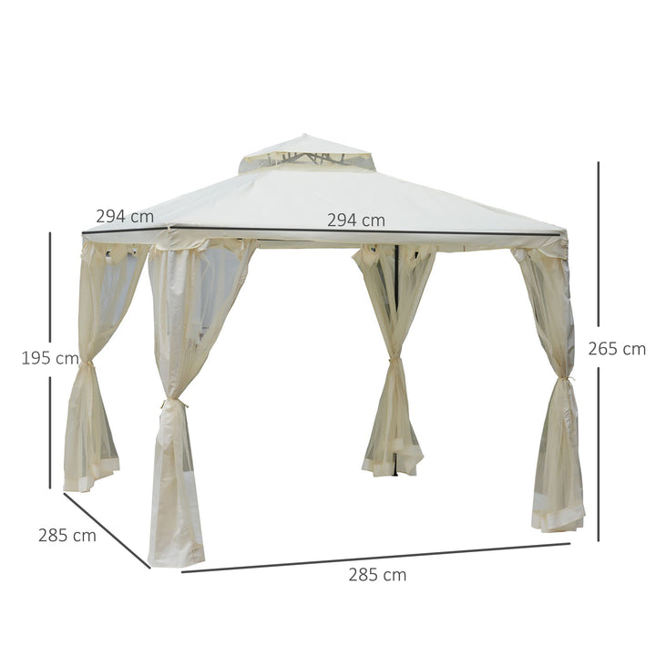 Pérgola de Jardim 3x3m Pérgola de Exterior com Duplo Teto de Ventilação 4 Cortinas Laterais 4 Orifícios de Drenagem e 4 Telas Mosquiteiras com Zíper para Festas Pátio Creme