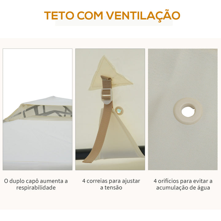 Pérgola de Jardim 3x3m Pérgola de Exterior com Duplo Teto de Ventilação 4 Cortinas Laterais 4 Orifícios de Drenagem e 4 Telas Mosquiteiras com Zíper para Festas Pátio Creme